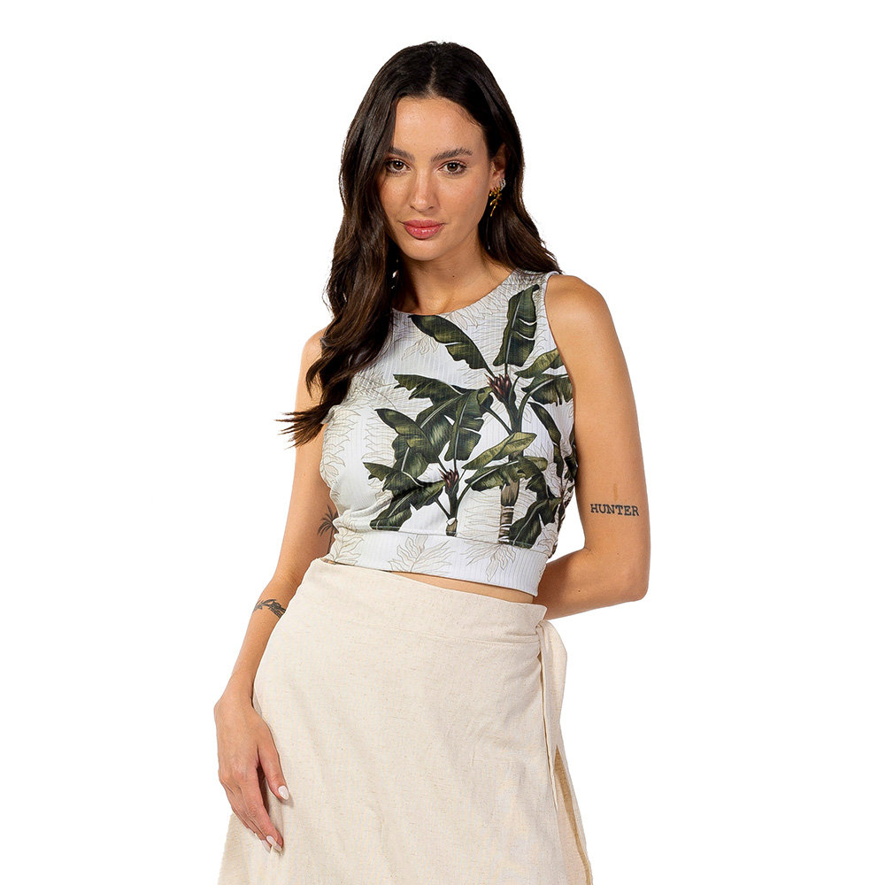 Top Feminino Canelado Estampado Folhagens Fundo Linho Off Top Feminino Canelado Estampado Folhagens Fundo Linho Off