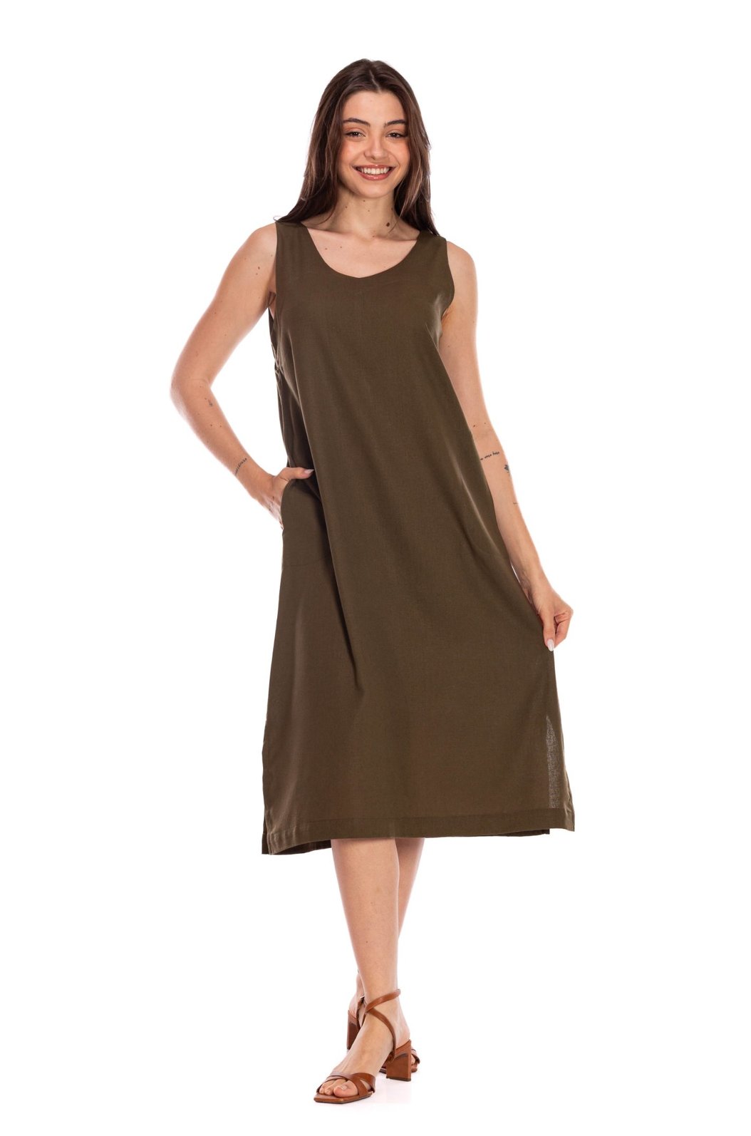 Vestido Feminino Linho Clássico com Bolso Verde Musgo Vestido Feminino Linho Clássico com Bolso Verde Musgo