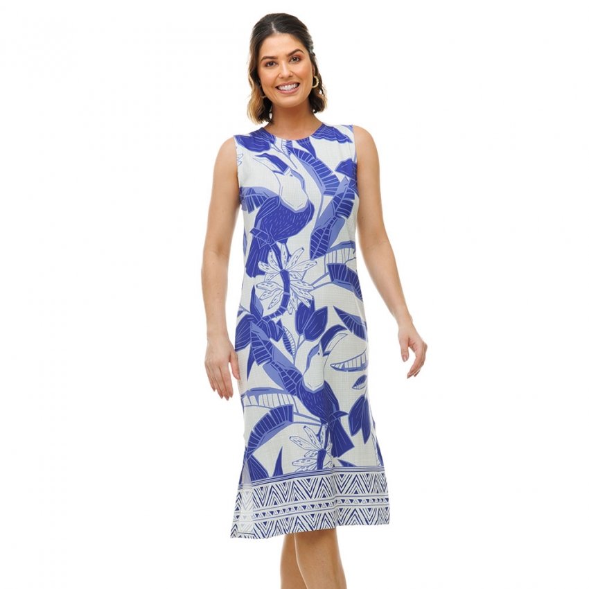 Vestido Feminino Clássico Midi Estampado Tucano Roxo Lilás Fundo Linho Vestido Feminino Clássico Midi Estampado Tucano Roxo Lilás Fundo Linho