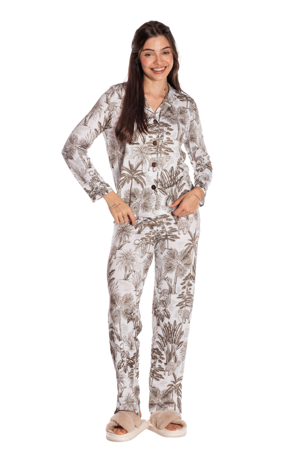 Pijama Feminino Manga Longa Americano Estampado Natureza Caramelo Pijama Feminino Manga Longa Americano Estampado Natureza Caramelo