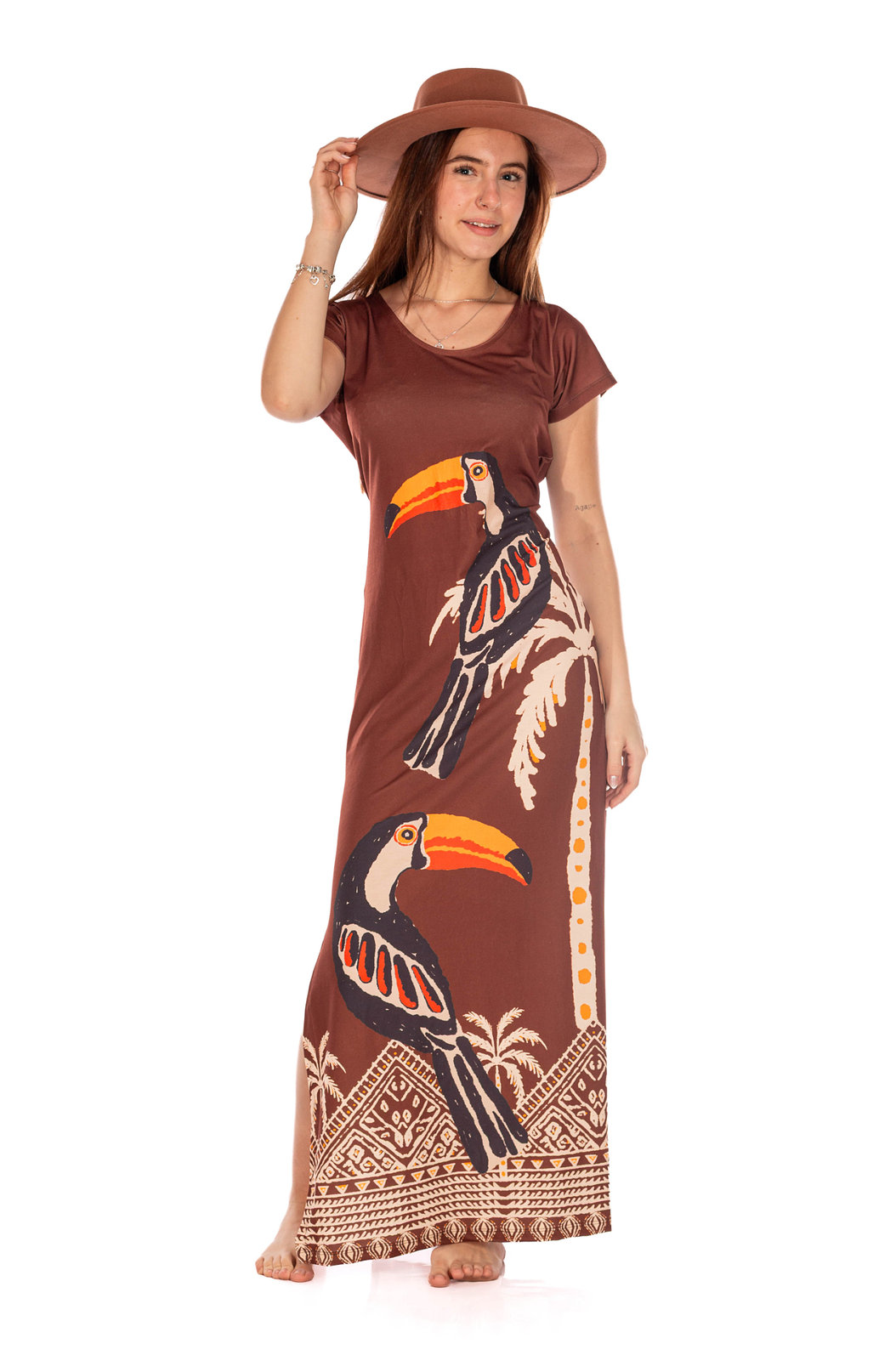 Vestido Feminino Jeri Longo New Estampado Tucano Desenhos Étnicos Vestido Feminino Jeri Longo New Estampado Tucano Desenhos Étnicos