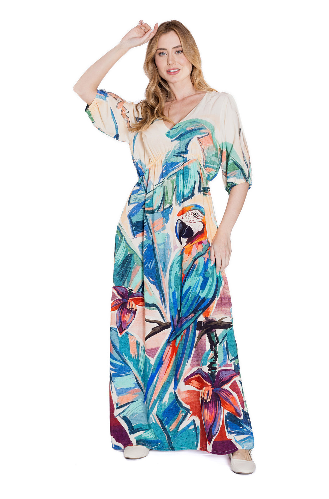 Vestido Feminino Viscose Lotus Estampado Canindé Bananas e Lírio Vestido Feminino Viscose Lotus Estampado Canindé Bananas e Lírio
