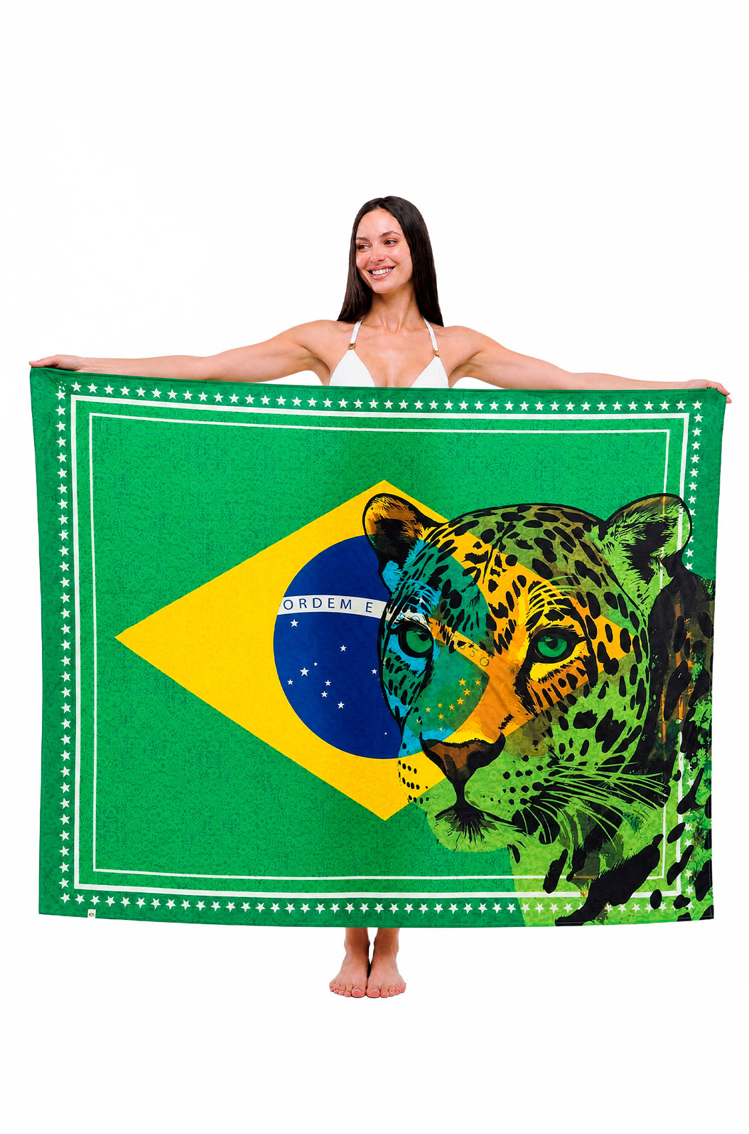 Canga Estampada Onça Vazada Bandeira Brasil Canga Estampada Onça Vazada Bandeira Brasil