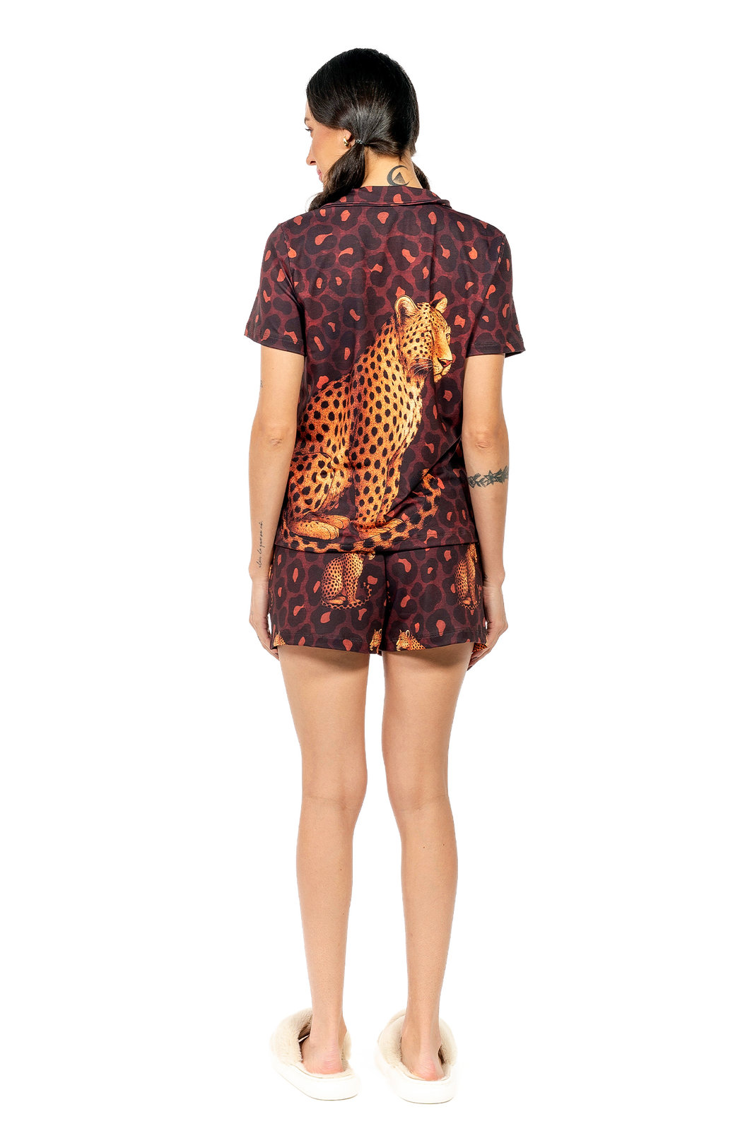 Pijama Feminino Manga Curta Americano Estampado Onças Animal Print Pijama Feminino Manga Curta Americano Estampado Onças Animal Print