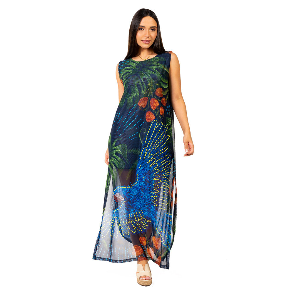 Vestido Feminino Tule Maré Estampado Arara Bord Barra Fundo Azul