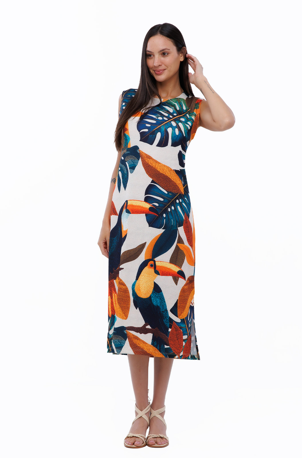 Vestido Feminino Clássico Midi Estampado Tucanos Tela Bordada