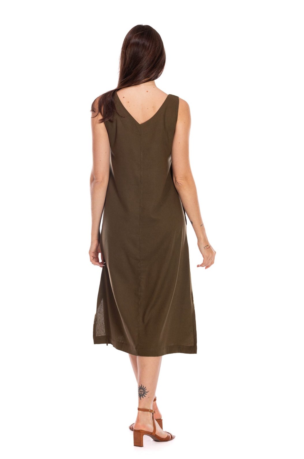Vestido Feminino Linho Clássico com Bolso Verde Musgo Vestido Feminino Linho Clássico com Bolso Verde Musgo