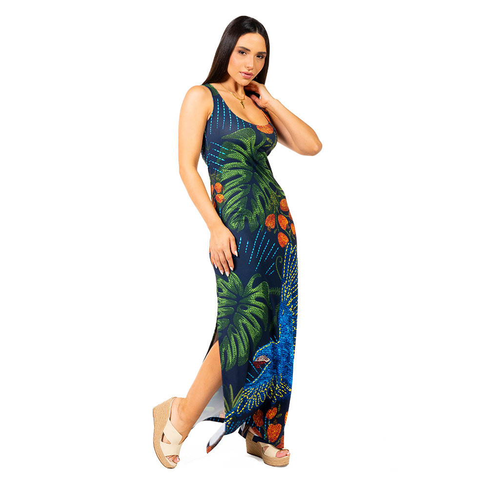 Vestido Feminino Hortência Estampado Arara Bord Barra Fundo Azul