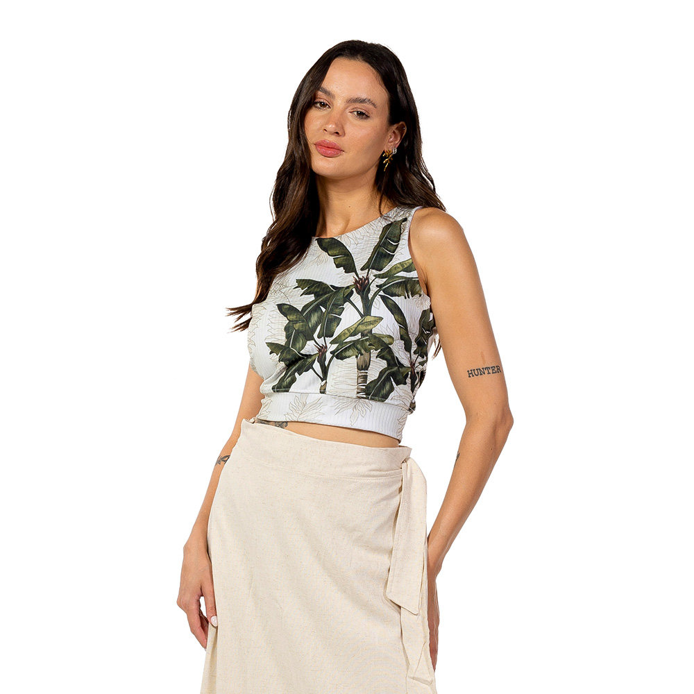 Top Feminino Canelado Estampado Folhagens Fundo Linho Off Top Feminino Canelado Estampado Folhagens Fundo Linho Off