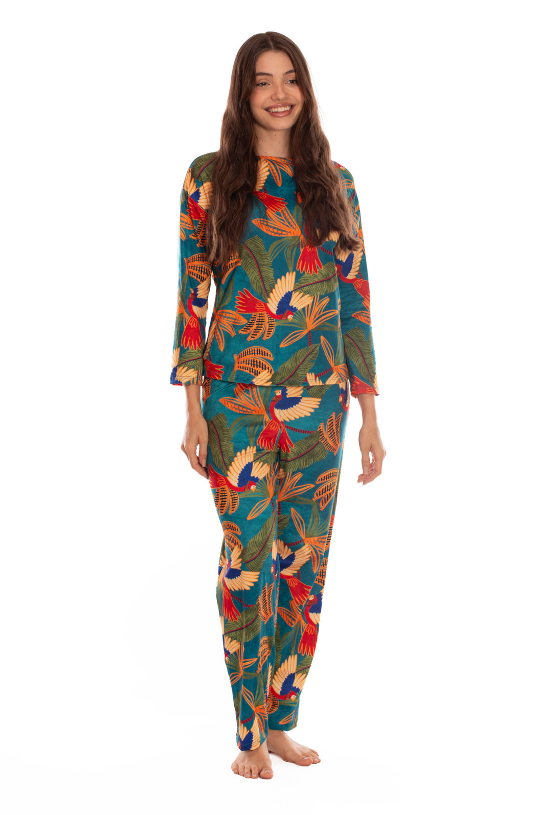 Pijama Feminino Manga Longa Estampado Araras Bananas Pijama Feminino Manga Longa Estampado Araras Bananas