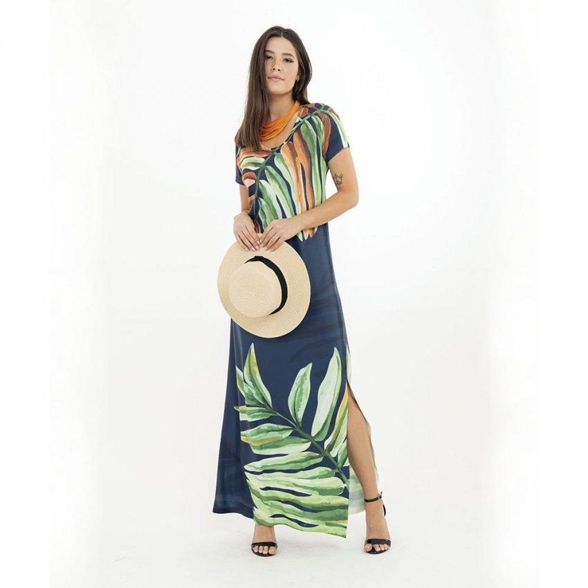 Vestido Feminino Jeri Longo New Estampado Folhas em Aquarela com Vestido Feminino Jeri Longo New Estampado Folhas em Aquarela com