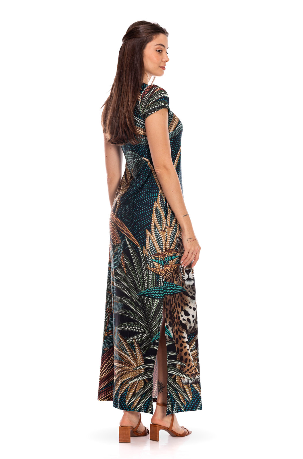 Vestido Feminino Jeri Longo New Estampado Onças Pontos de Luz Vestido Feminino Jeri Longo New Estampado Onças Pontos de Luz
