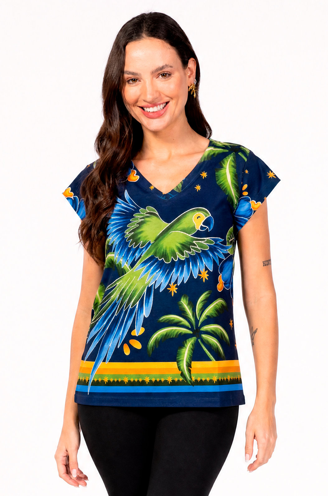 Blusa Florata Estampada Motivos Tropicais Brasil