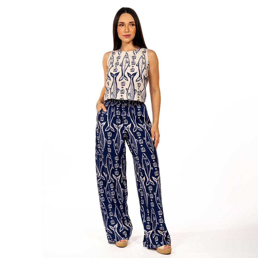 Calça Feminina Ampla Atena Estampada Maxi Peixes Fundo Off Calça Feminina Ampla Atena Estampada Maxi Peixes Fundo Off
