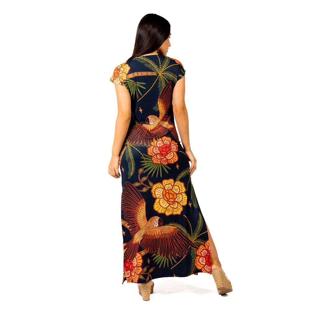 Vestido Feminino Jeri Longo New Estampado Tucano Barra Noite Fundo Azul Vestido Feminino Jeri Longo New Estampado Tucano Barra Noite Fundo Azul
