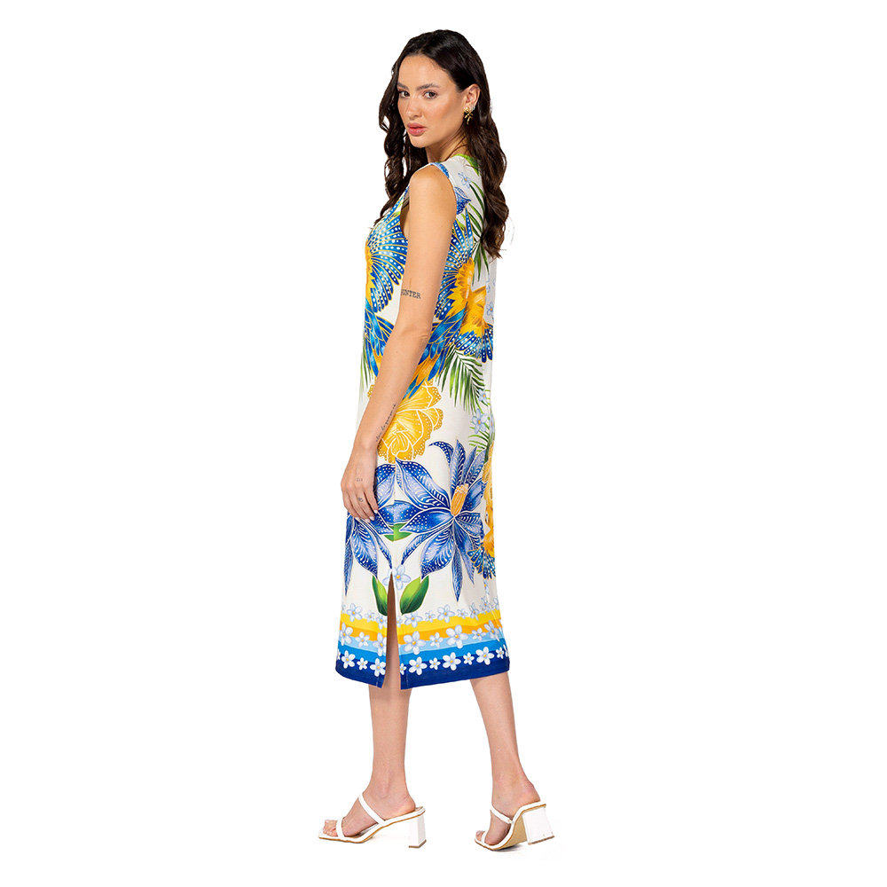 Vestido Feminino Clássico Midi Estampado Araras Flores Cores Brasil