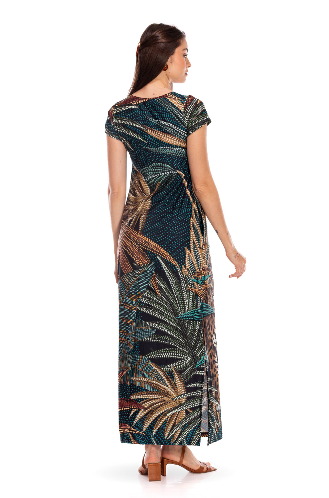 Vestido Feminino Jeri Longo New Estampado Onças Pontos de Luz Vestido Feminino Jeri Longo New Estampado Onças Pontos de Luz