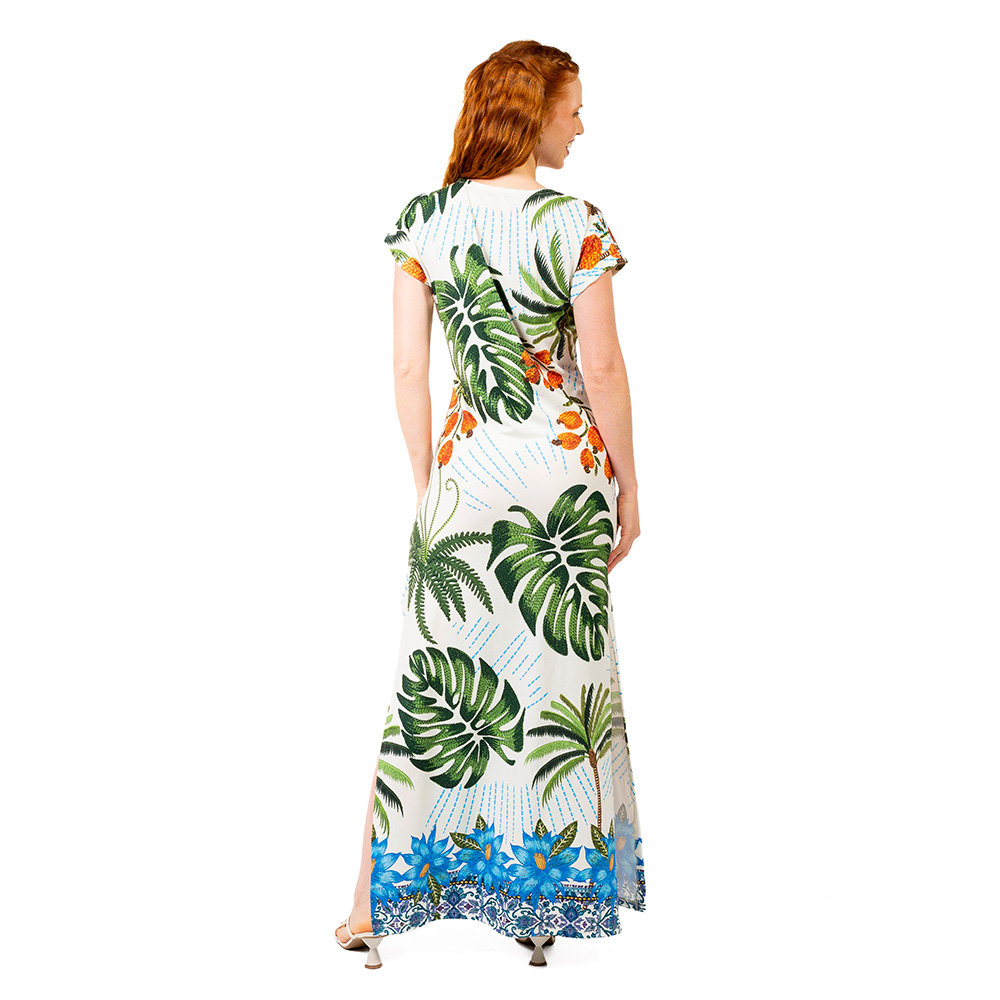 Vestido Feminino Jeri Longo New Estampado Arara Bordado Barra Fundo Azul