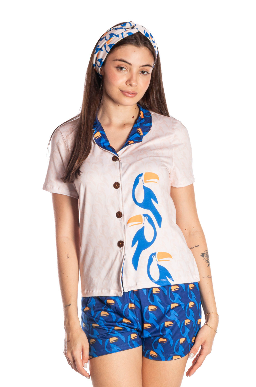 Pijama Feminino Manga Curta Americano Estampado Tucanos Rapport Vetor