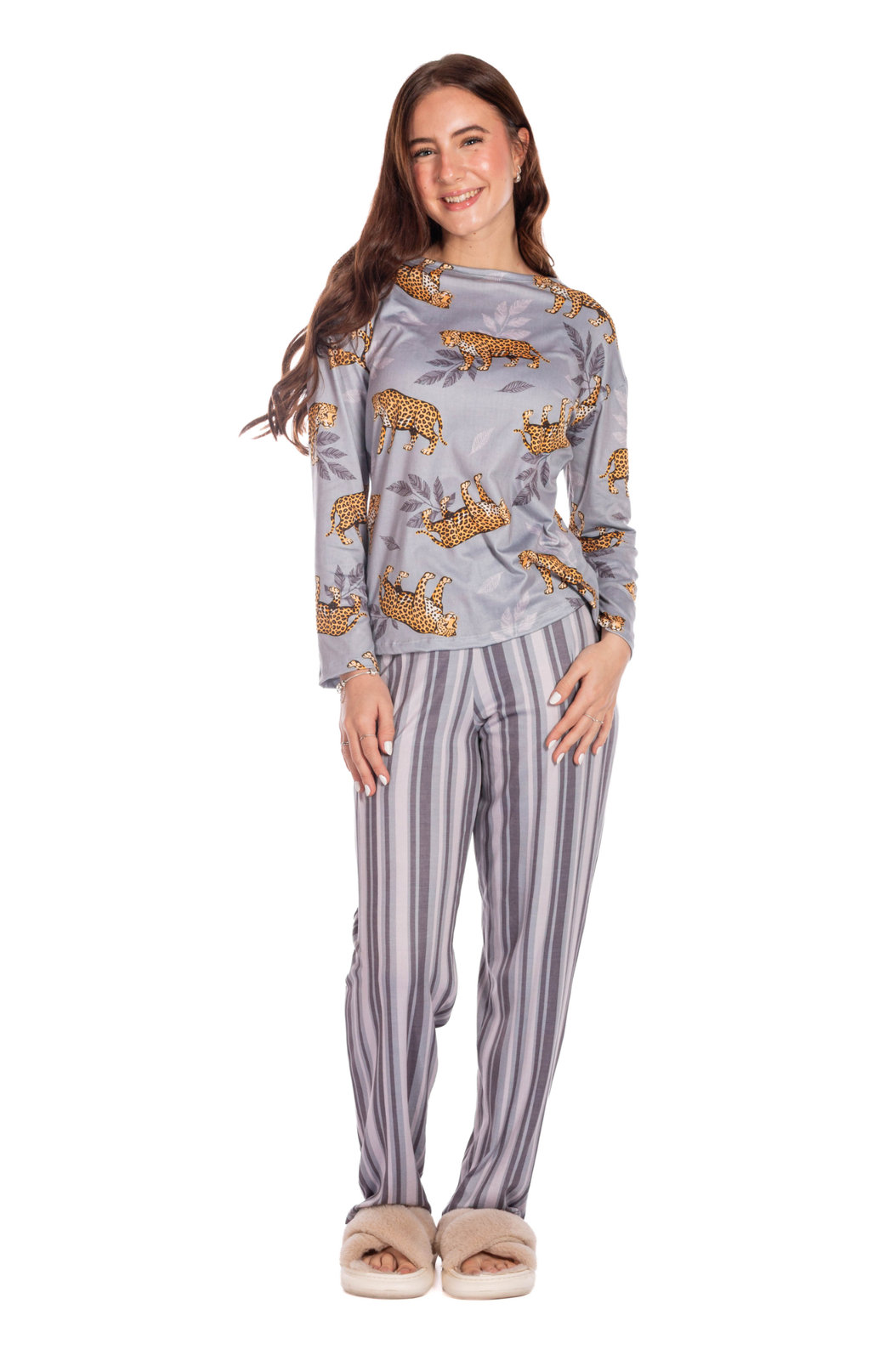 Pijama Feminino Manga Longa Adulto Estampado Onça Listras Folhas Pijama Feminino Manga Longa Adulto Estampado Onça Listras Folhas