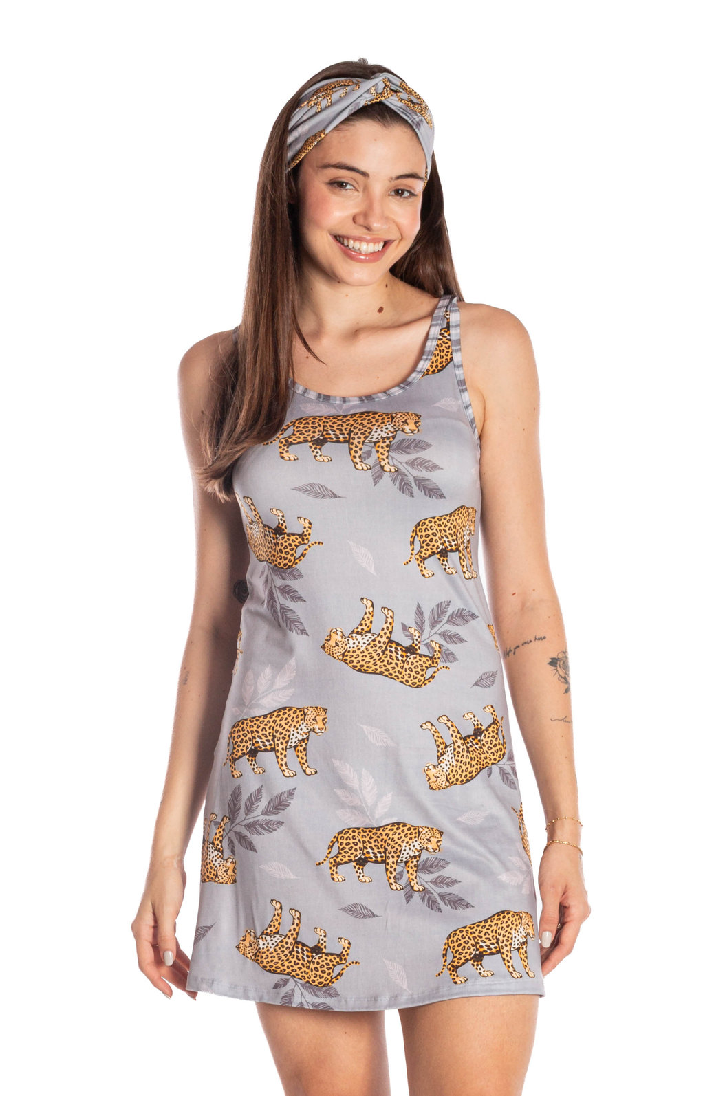 Vestido Feminino Camisola Bons Sonhos Estampado Onça Listras Folhas Vestido Feminino Camisola Bons Sonhos Estampado Onça Listras Folhas