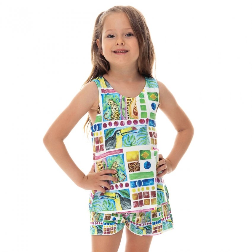 Pijama Infantil Estampado Tucano Onça Aquarela Fundo Bnc Pijama Infantil Estampado Tucano Onça Aquarela Fundo Bnc