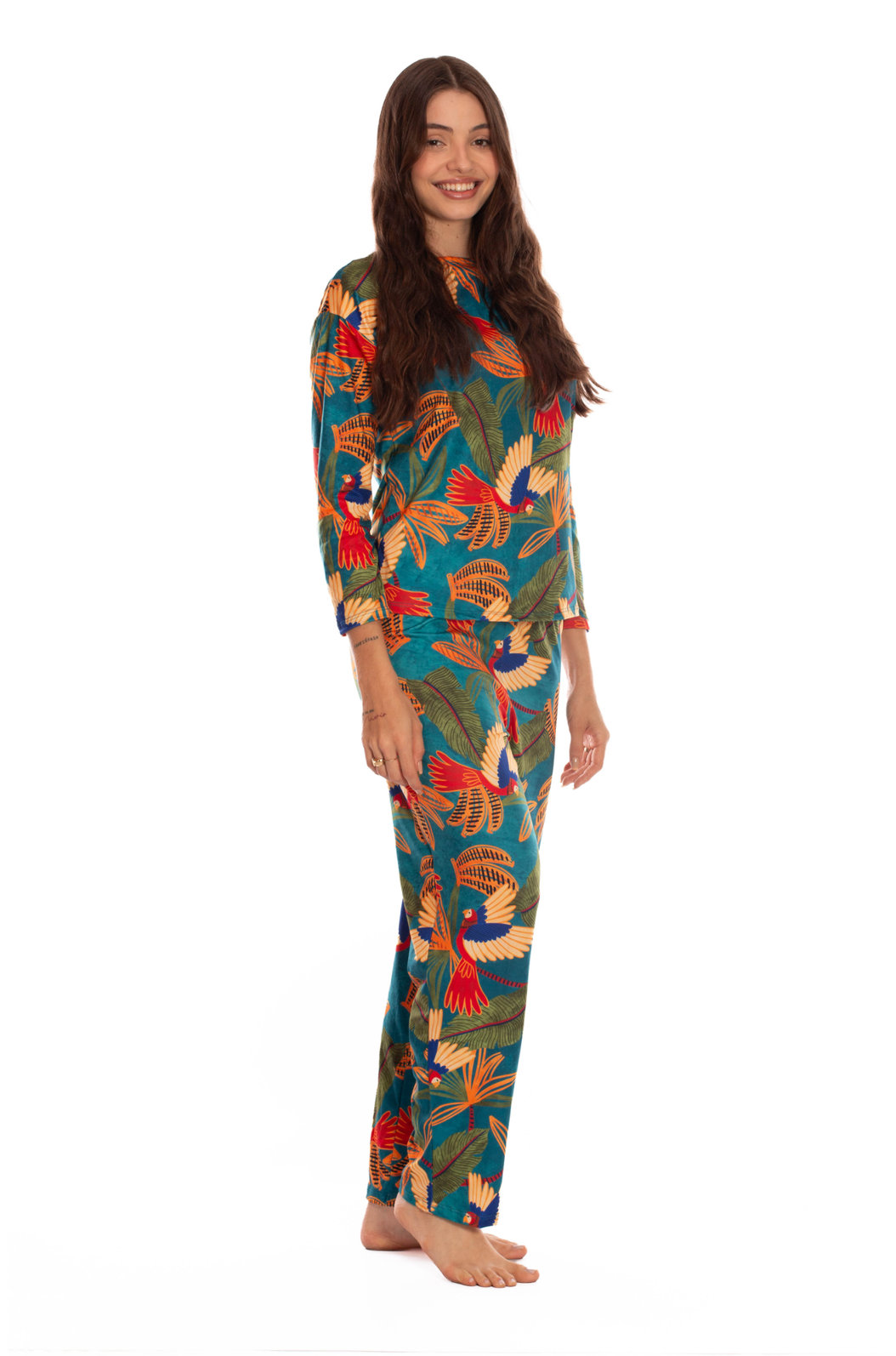 Pijama Feminino Manga Longa Estampado Araras Bananas Pijama Feminino Manga Longa Estampado Araras Bananas