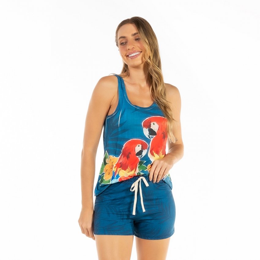 Pijama Feminino Adulto Estampado Arara Vermelho Fundo Marinho Pijama Feminino Adulto Estampado Arara Vermelho Fundo Marinho