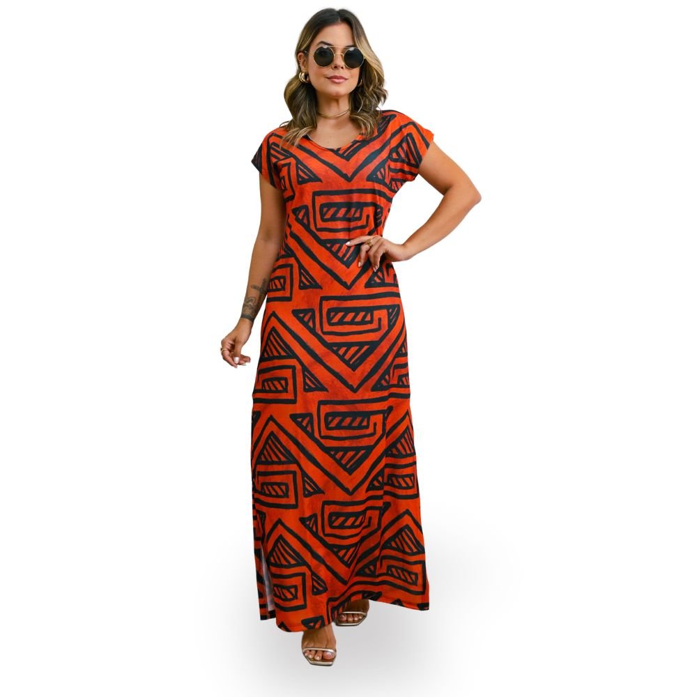 Vestido Feminino Jeri Longo New Estampado Indagena Fundo Telha Vestido Feminino Jeri Longo New Estampado Indagena Fundo Telha