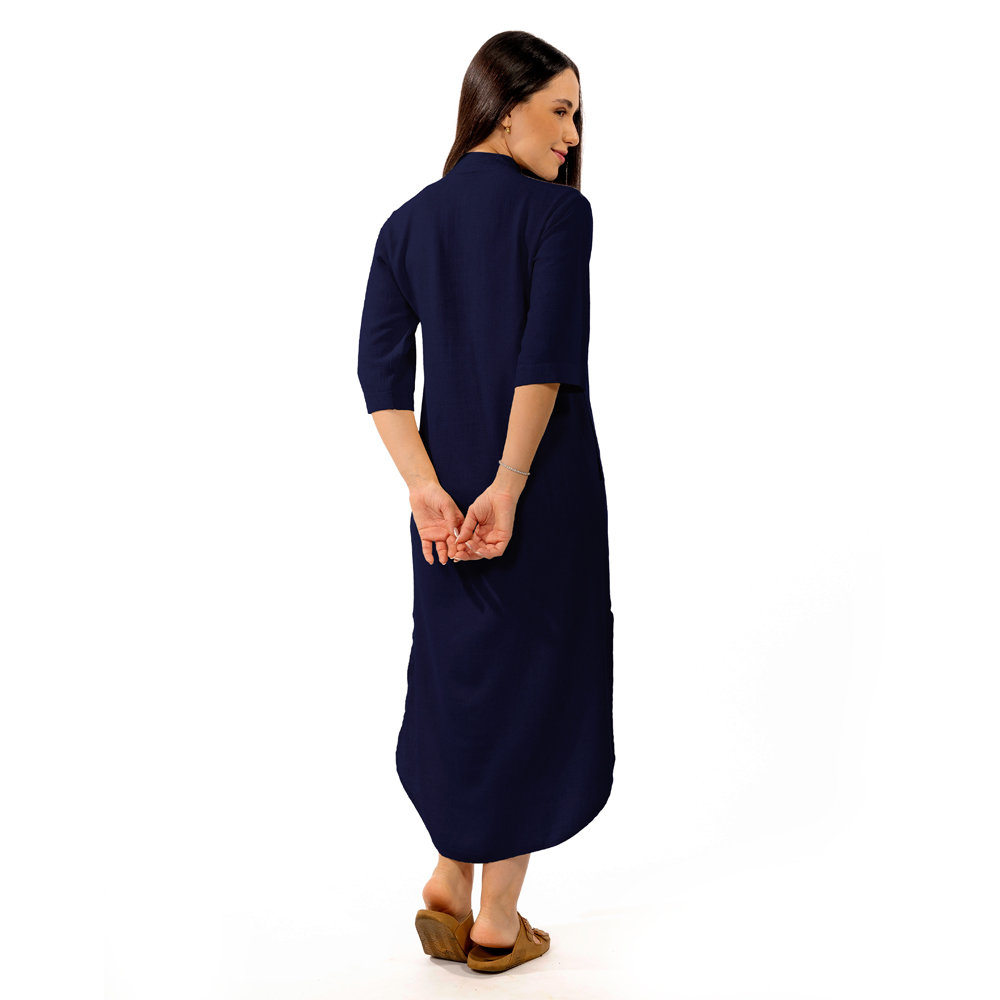 Vestido Feminino Chemise Linho Manga Curta Gola Padre Azul Marinho Vestido Feminino Chemise Linho Manga Curta Gola Padre Azul Marinho