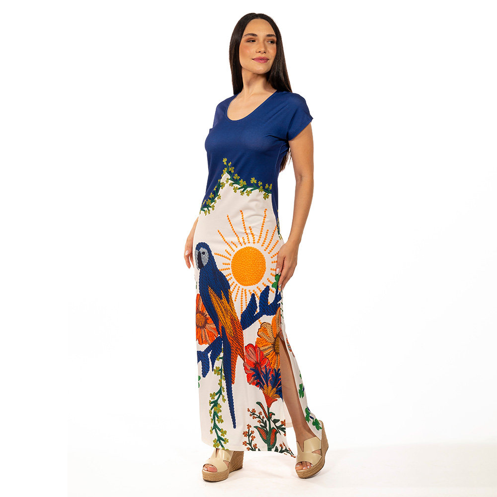 Vestido Feminino Jeri Longo New Estampado Arara Tropical Bordado