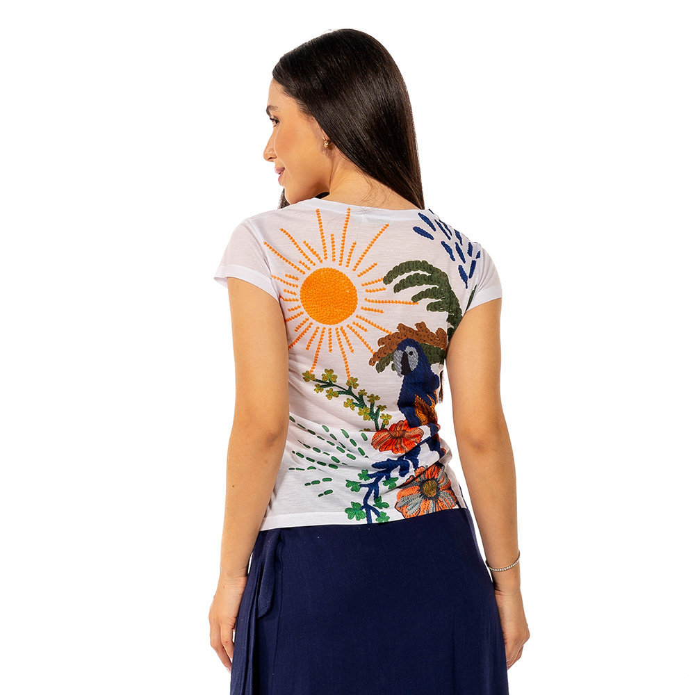 Blusa Florata Estampada Arara Tropical Bordado Blusa Florata Estampada Arara Tropical Bordado