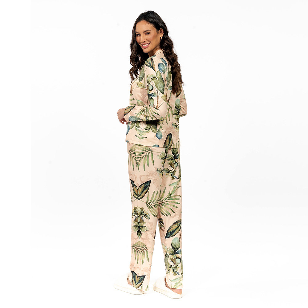 Pijama Feminino Manga Longa Americano Estampado Folhagens Verdes Pijama Feminino Manga Longa Americano Estampado Folhagens Verdes