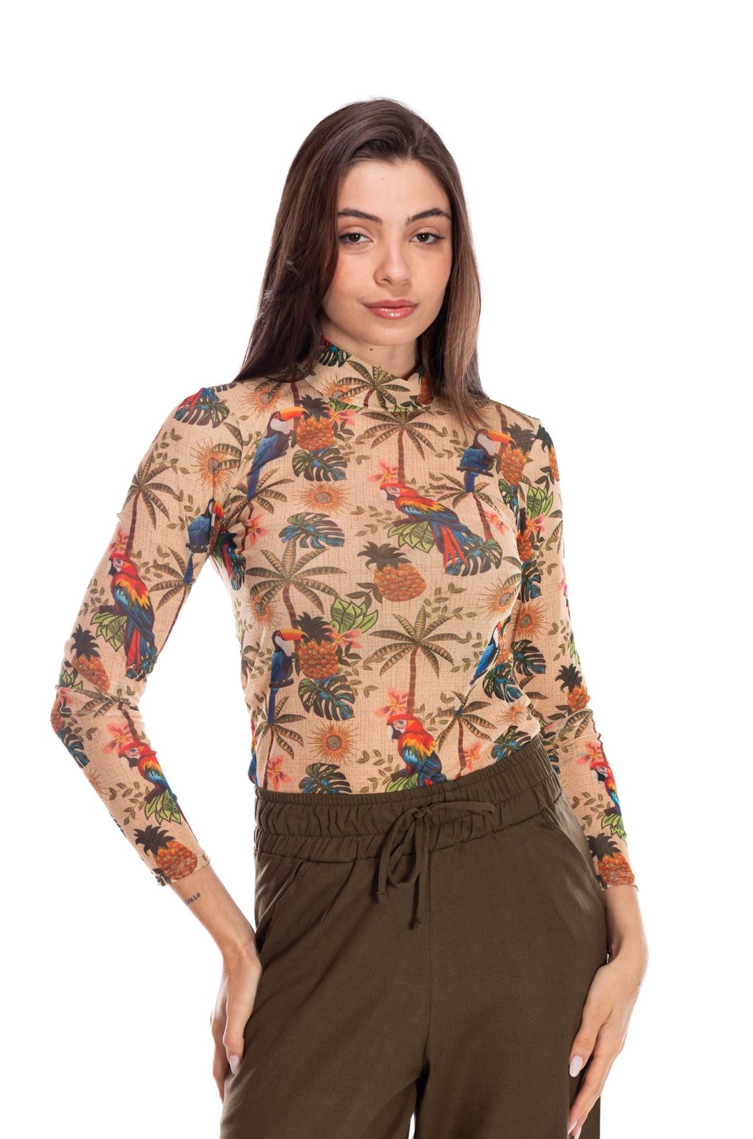 Blusa Tule Segunda Pele Estampada Aves Tropicais Barrado Blusa Tule Segunda Pele Estampada Aves Tropicais Barrado