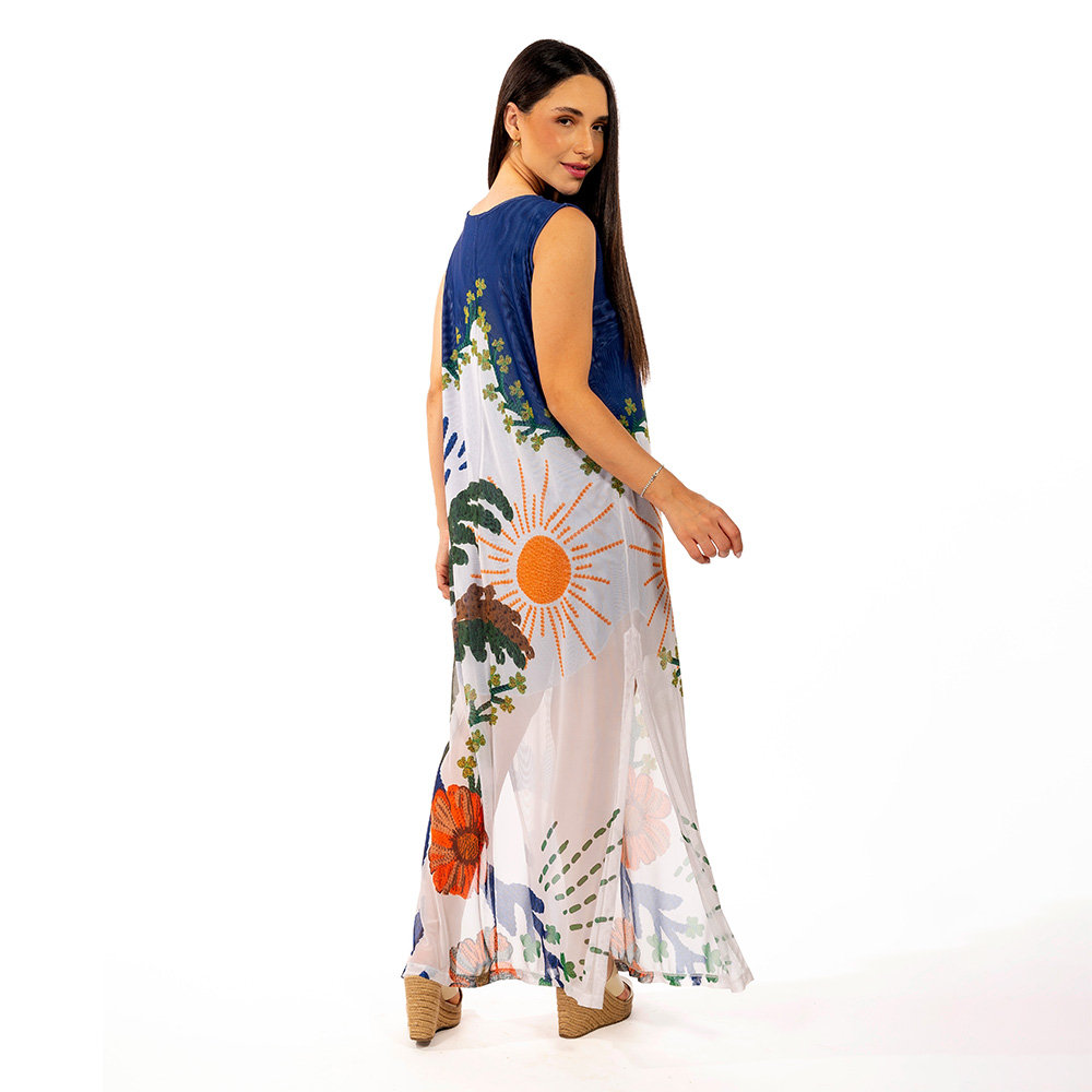 Vestido Feminino Tule Maré Estampado Arara Tropical Bordado