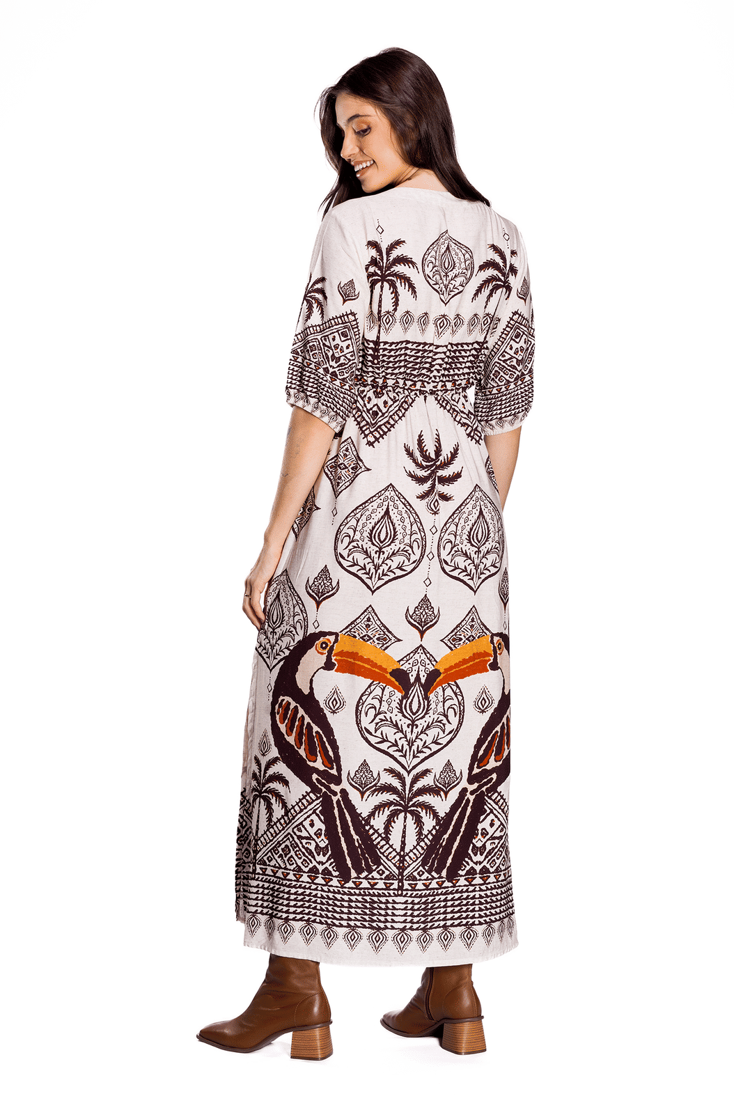 Vestido Feminino Viscose Lotus Estampado Tucano Desenhos Étnicos Vestido Feminino Viscose Lotus Estampado Tucano Desenhos Étnicos