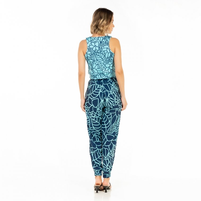 Top Feminino Canelado Estampado Tucano Flores Linhas Azul