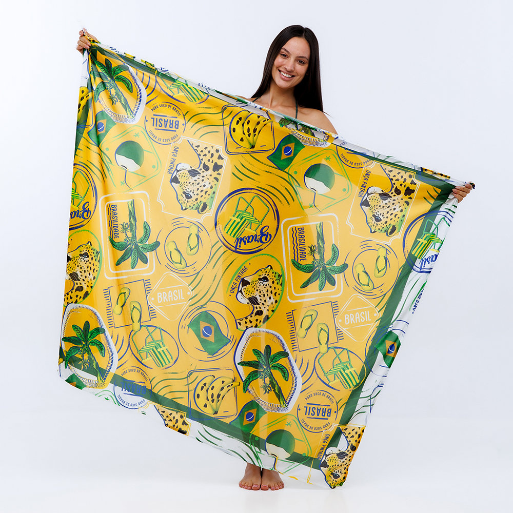 Canga Estampada Brasil Selos Onça Banana Canga Estampada Brasil Selos Onça Banana