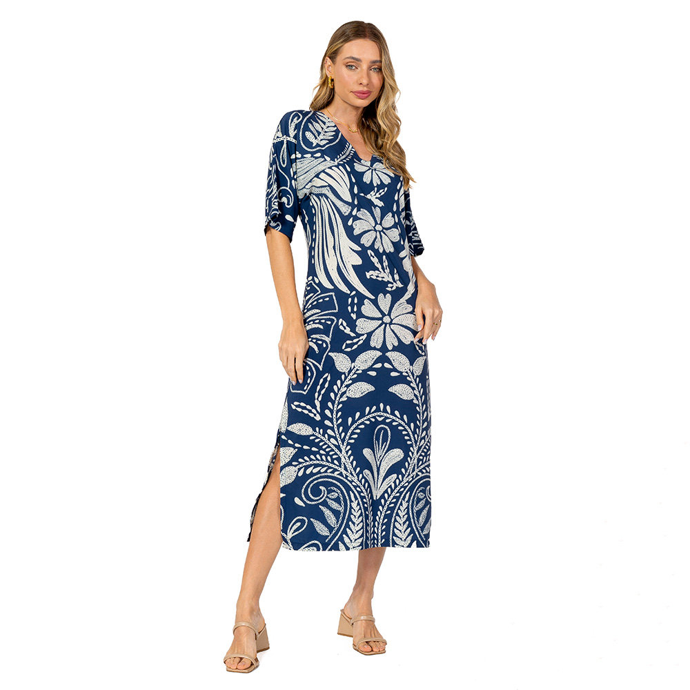 Vestido Feminino Kaftan Atena Estampado Araras Bordado Fundo Off Vestido Feminino Kaftan Atena Estampado Araras Bordado Fundo Off