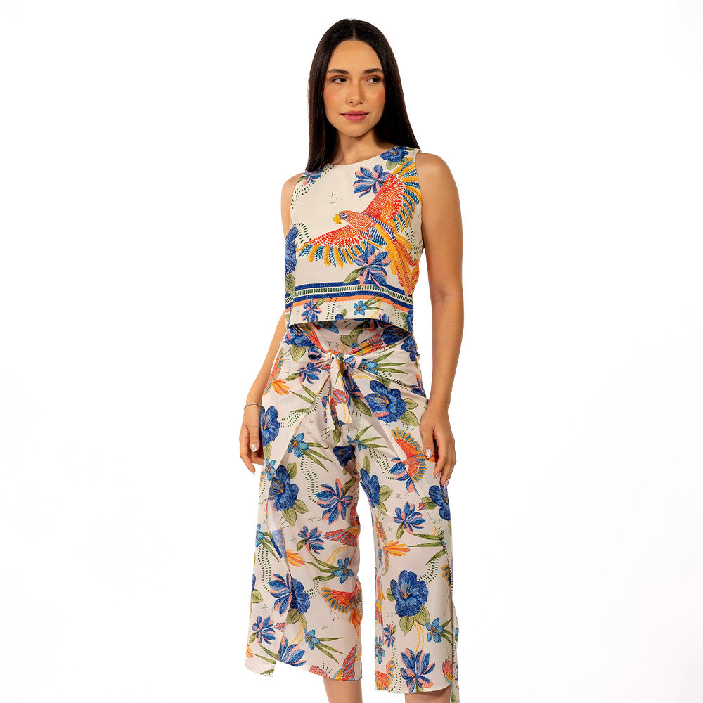 Calça Feminina Transpassada Estampada Pássaros e Flores Bordado Calça Feminina Transpassada Estampada Pássaros e Flores Bordado