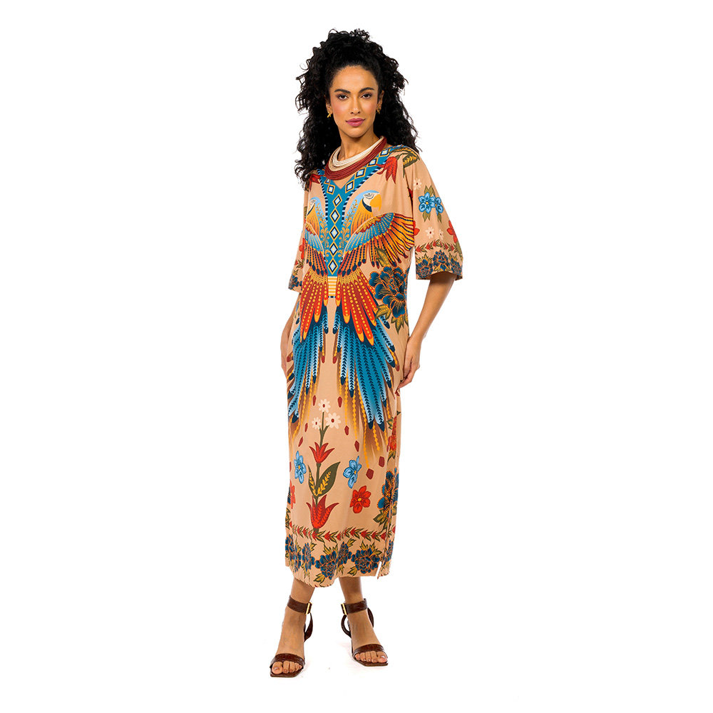 Vestido Feminino Kaftan Atena Estampado Araras Paraíso Floral