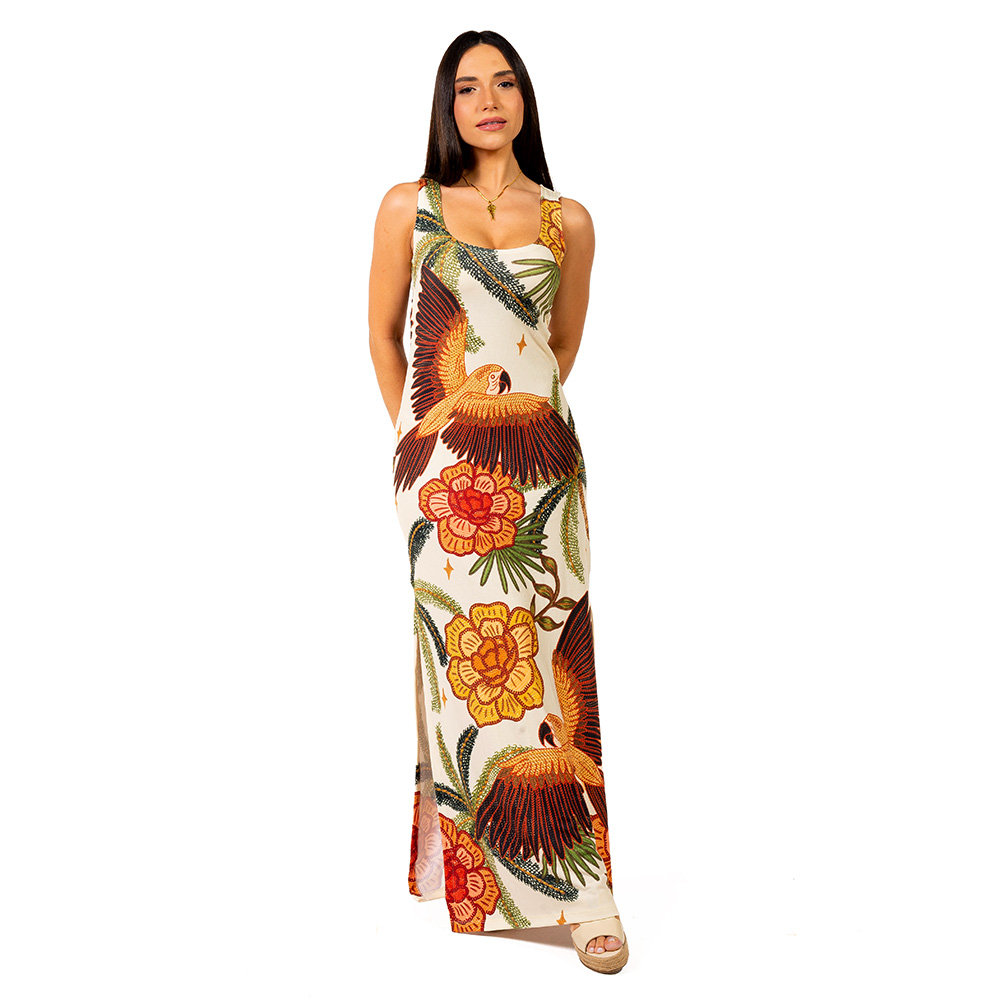 Vestido Feminino Hortência Estampado Tucano Barra Noite Fundo Azul