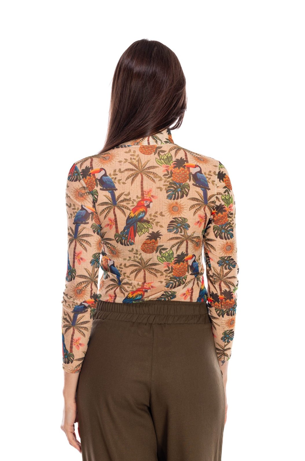 Blusa Tule Segunda Pele Estampada Aves Tropicais Barrado Blusa Tule Segunda Pele Estampada Aves Tropicais Barrado