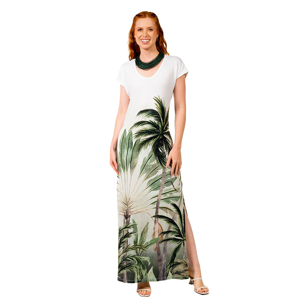 Vestido Feminino Jeri Longo New Estampado Palmeiras Fundo Degradê Vestido Feminino Jeri Longo New Estampado Palmeiras Fundo Degradê