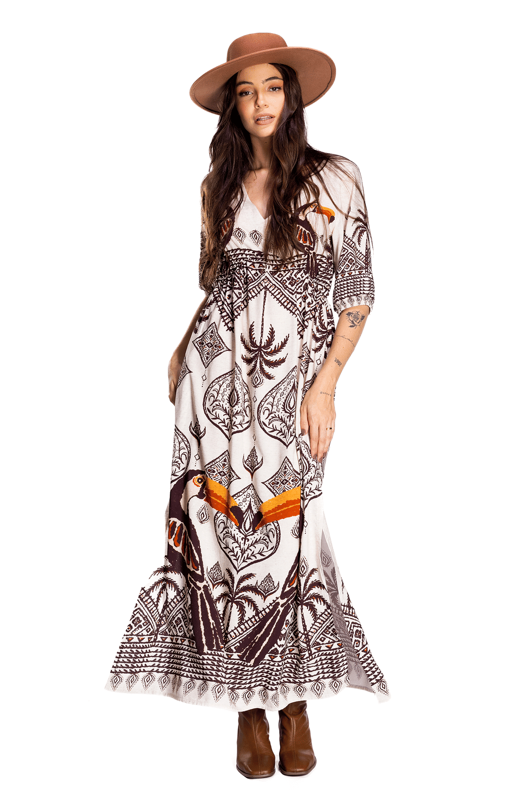 Vestido Feminino Viscose Lotus Estampado Tucano Desenhos Étnicos Vestido Feminino Viscose Lotus Estampado Tucano Desenhos Étnicos