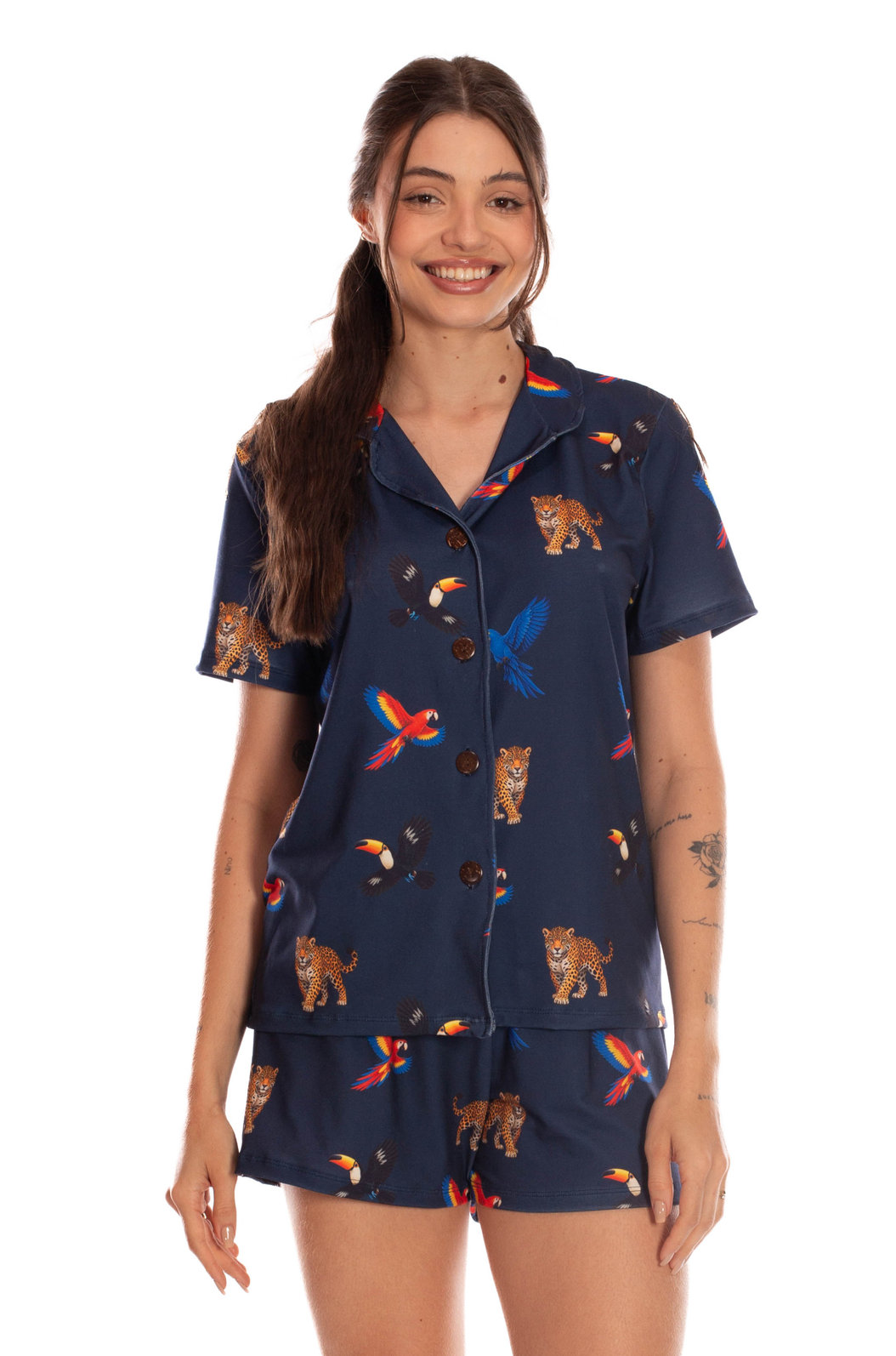 Pijama Feminino Manga Curta Americano Estampado Fauna Brasil Marinho Pijama Feminino Manga Curta Americano Estampado Fauna Brasil Marinho