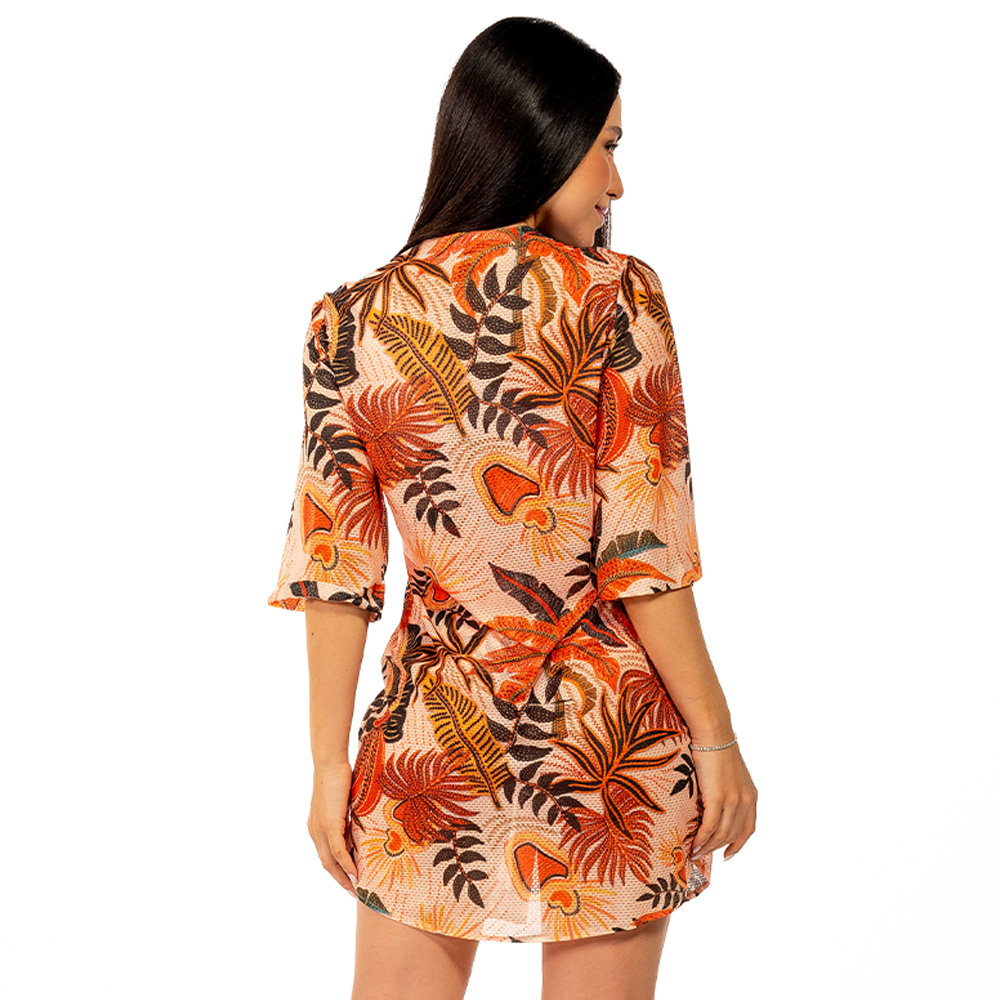 Saída de Praia Chemise Alongada Estampada Natureza Bordada Saída de Praia Chemise Alongada Estampada Natureza Bordada