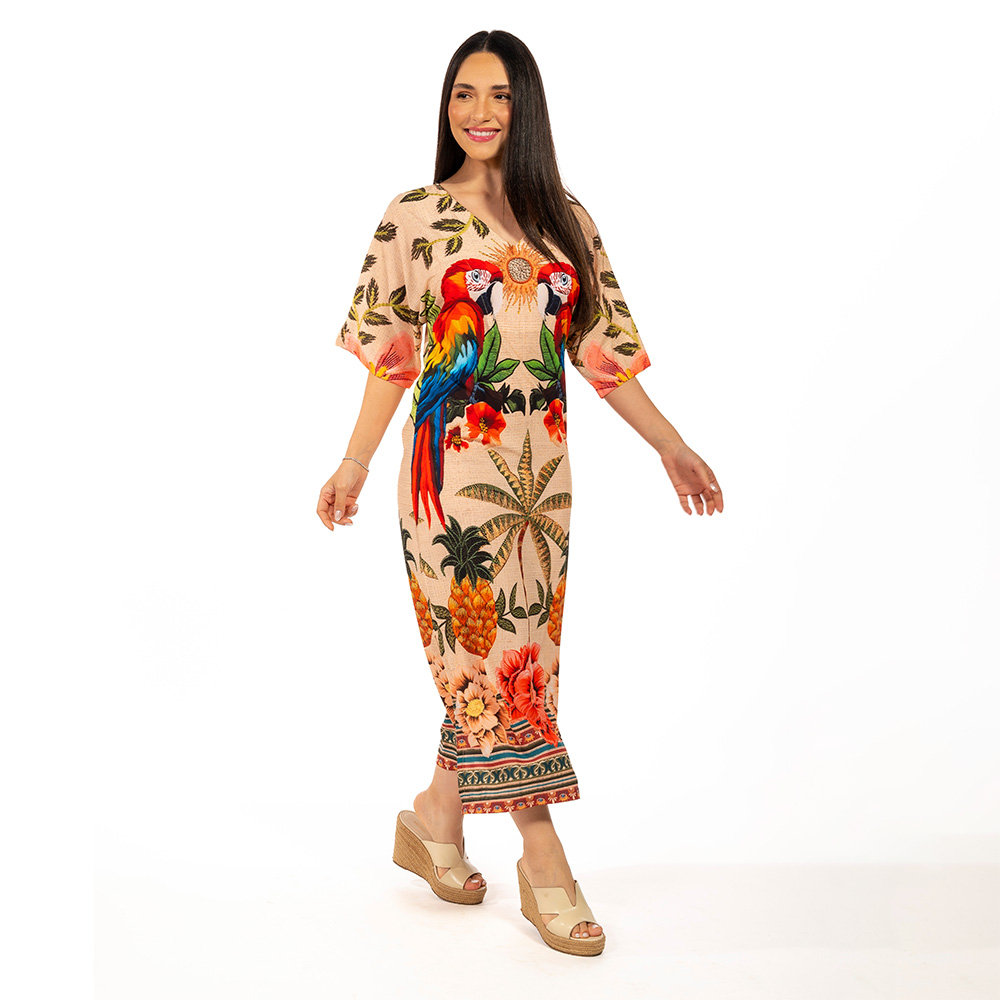 Vestido Feminino Kaftan Atena Estampado Aves Tropicais Barrado Vestido Feminino Kaftan Atena Estampado Aves Tropicais Barrado