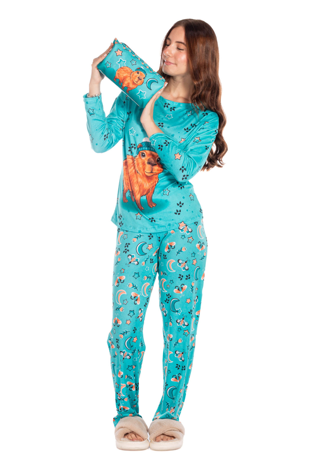 Pijama Feminino Manga Longa Adulto Estampado Capivara Touca Estrelas Pijama Feminino Manga Longa Adulto Estampado Capivara Touca Estrelas