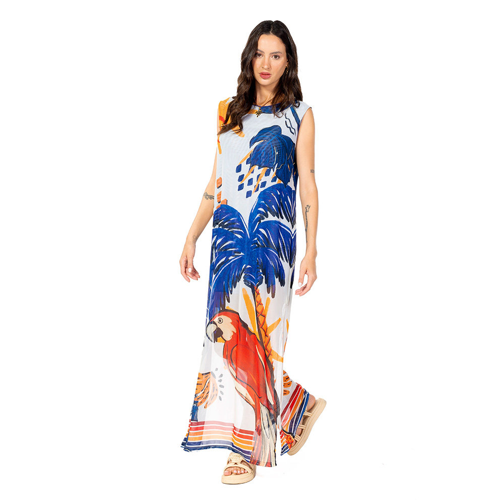 Vestido Feminino Tule Maré Estampado Bichos Tropical Vibes Azul Vestido Feminino Tule Maré Estampado Bichos Tropical Vibes Azul
